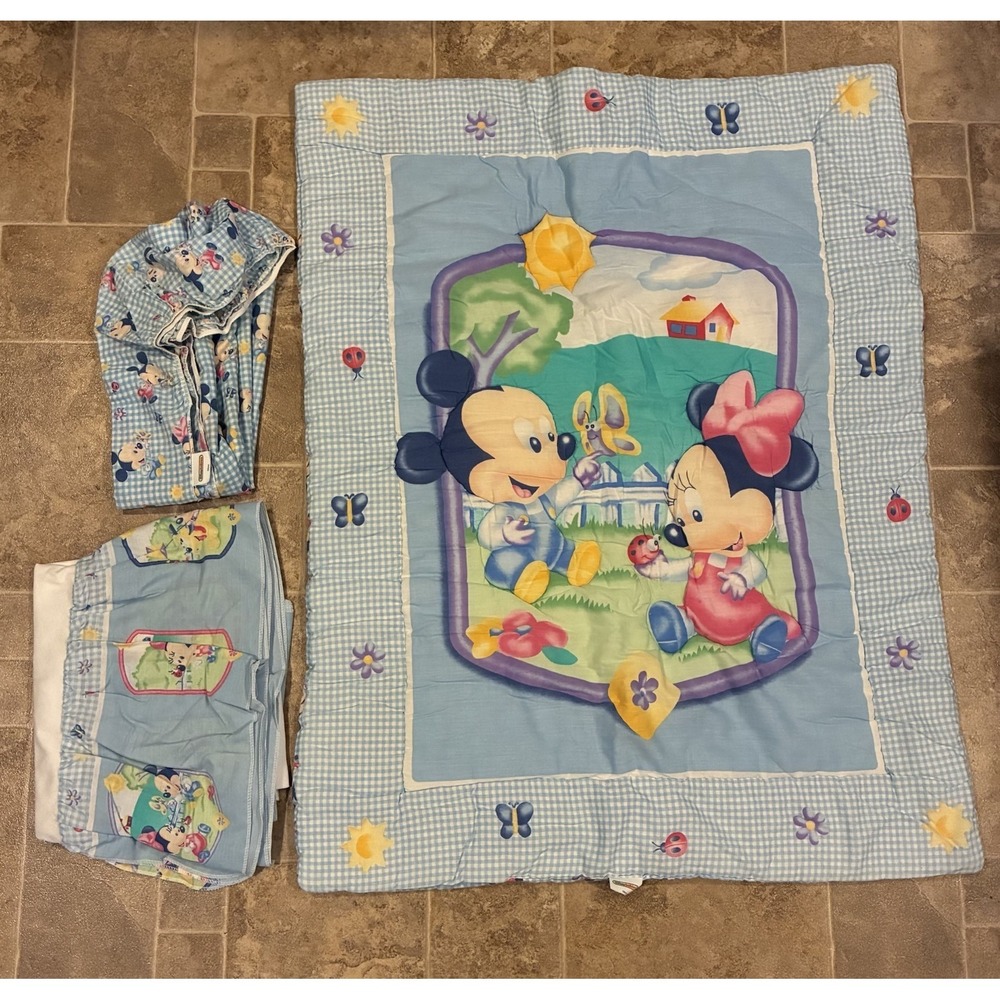 Disney Baby Mickey Minnie Mouse Crib Quilt Comforter Fitted Sheet Crib Skirt